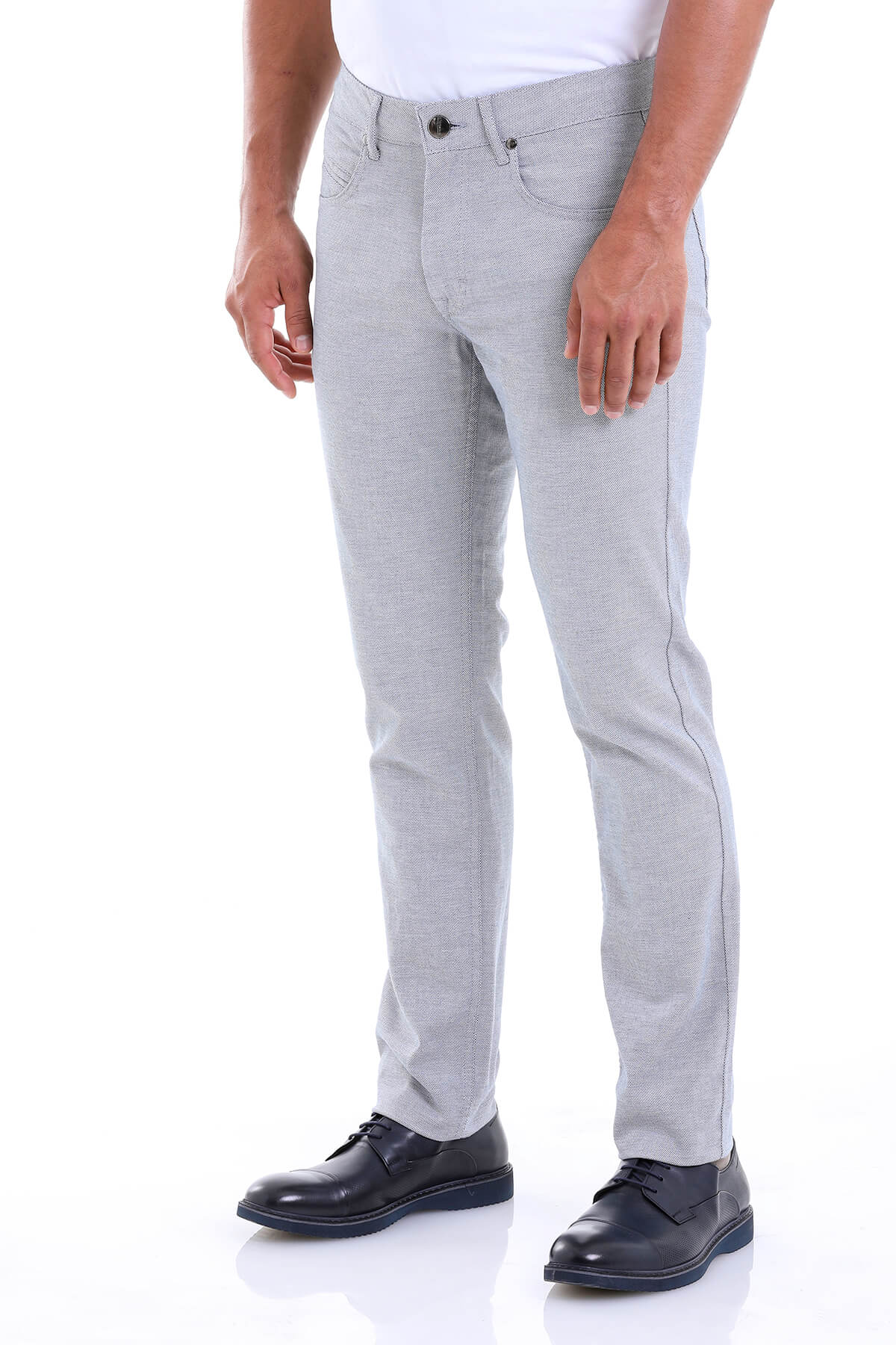 Gray textured denim trousers with a slim fit and black button closure.