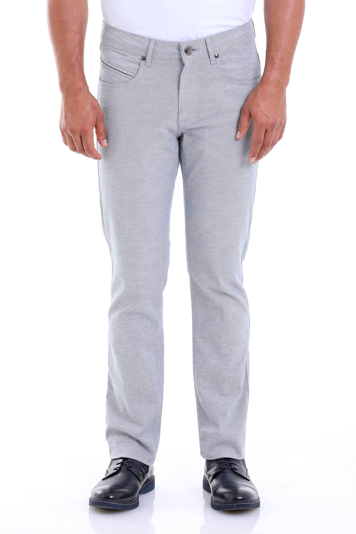 Light gray slim-fit denim jeans with a subtle textured weave and classic five-pocket design.