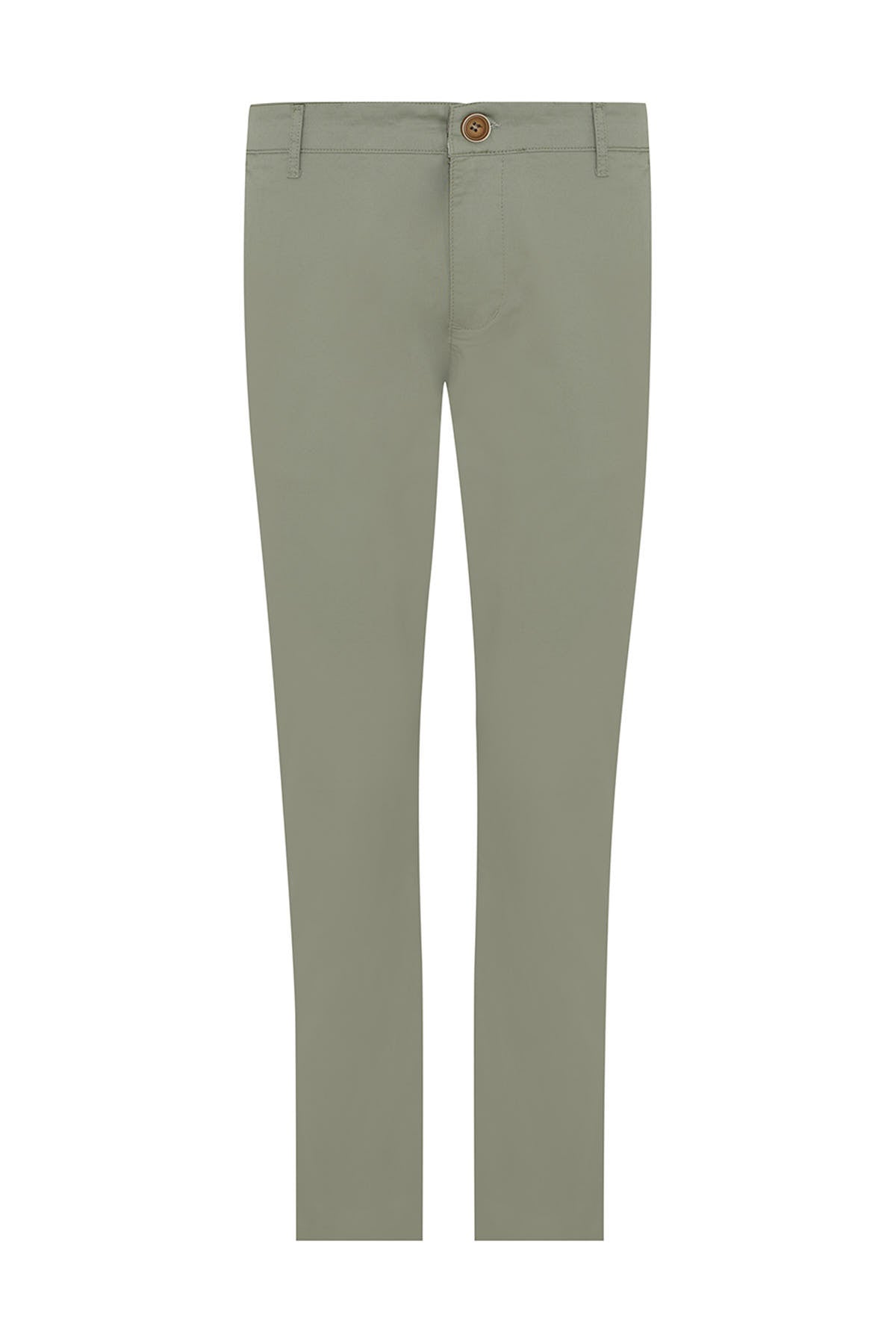 Khaki-colored slim-fit chinos with a brown button at the waistband.