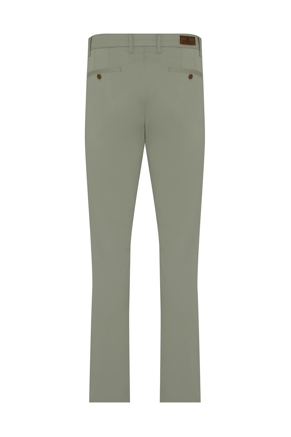 Olive green chino trousers with brown button closures and a leather brand patch at the waistband
