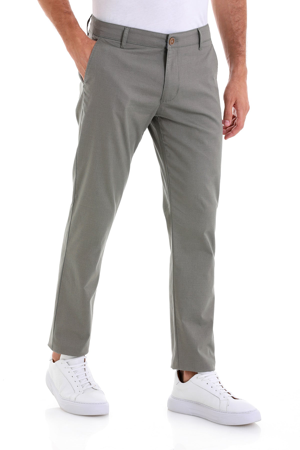 Gray chino trousers with a slim fit and subtle pleats at the front.
