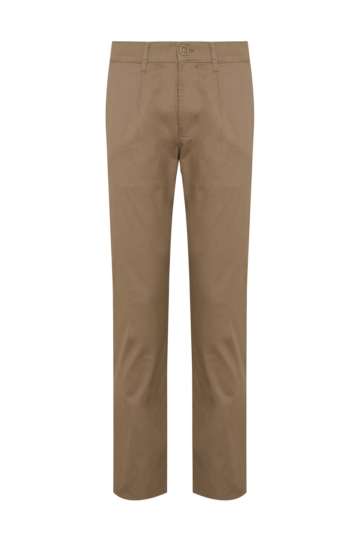 Khaki-colored, straight-leg chino trousers with a classic button closure and subtle pleats at the front.