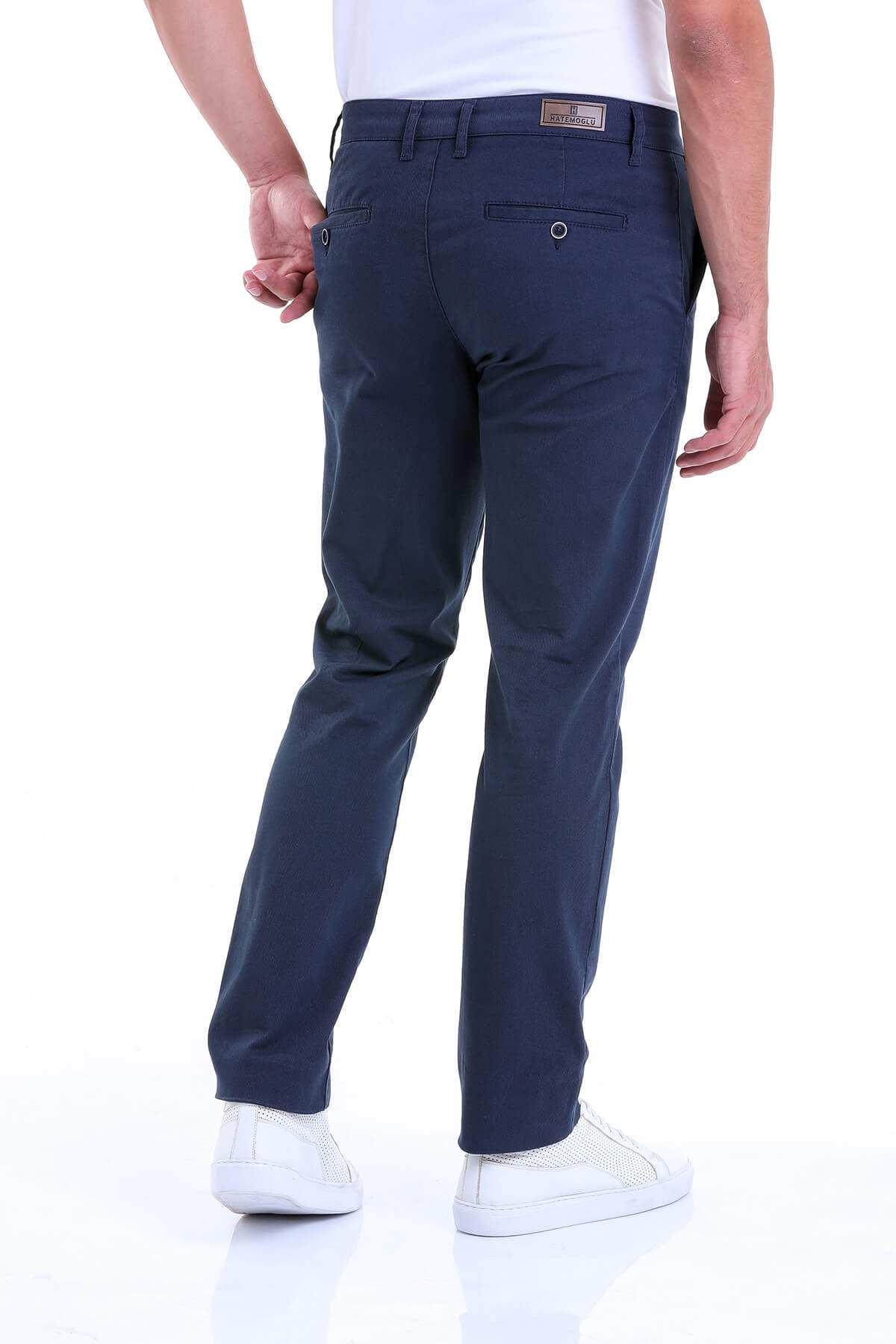 Regular Fit High Waist Navy Cotton Casual Pants - SAYKI