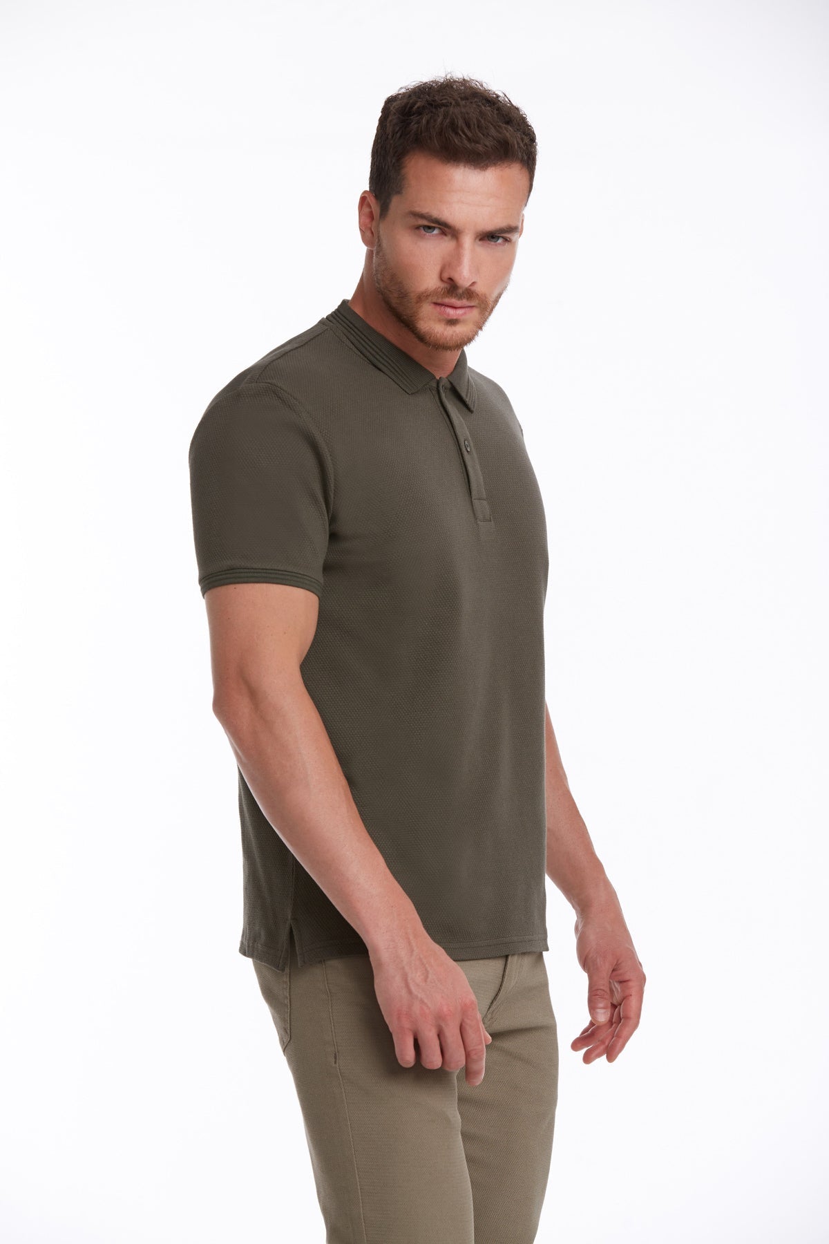 Regular Fit Honeycomb Cotton Blend Khaki Polo T-Shirt