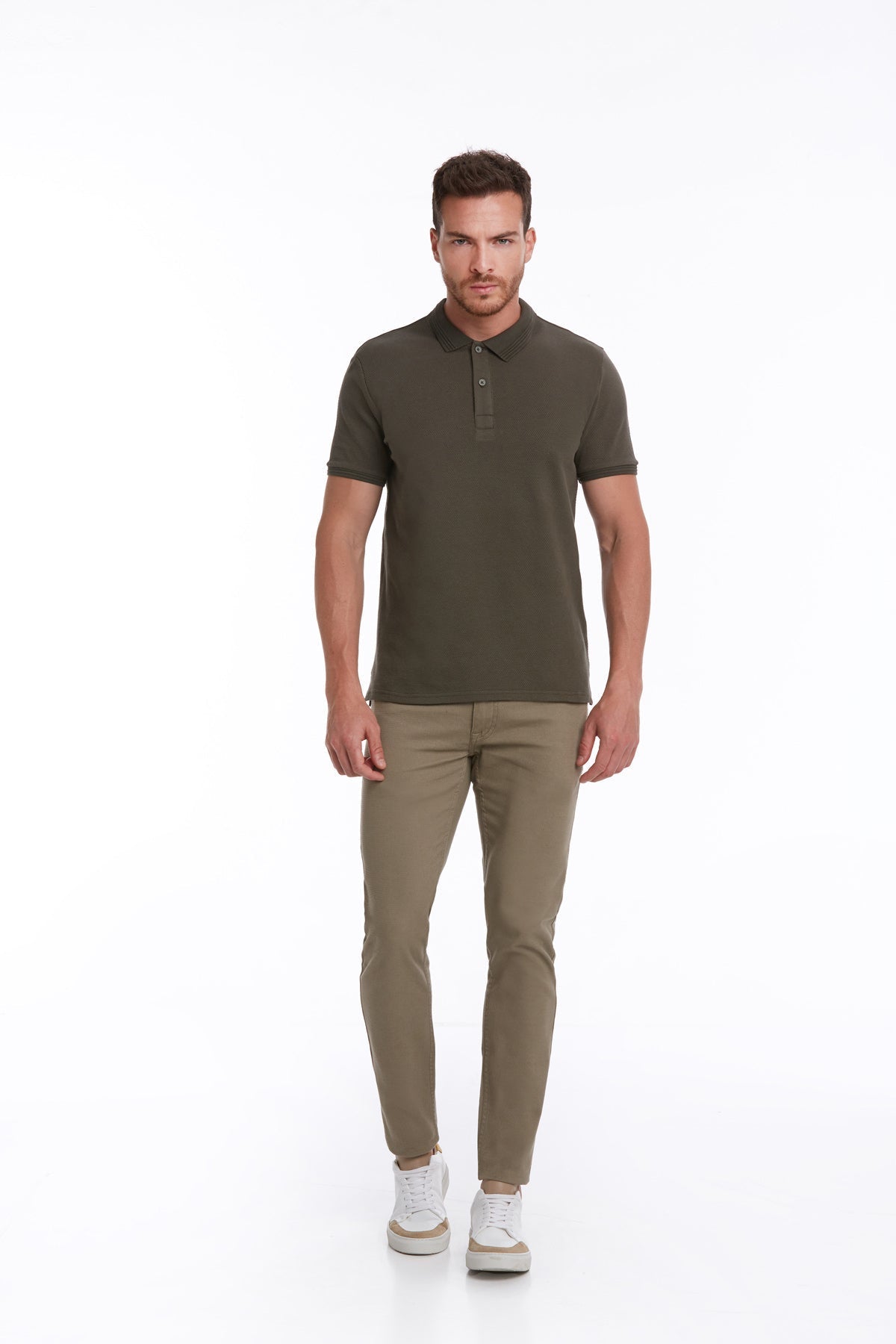 Regular Fit Honeycomb Cotton Blend Khaki Polo T-Shirt