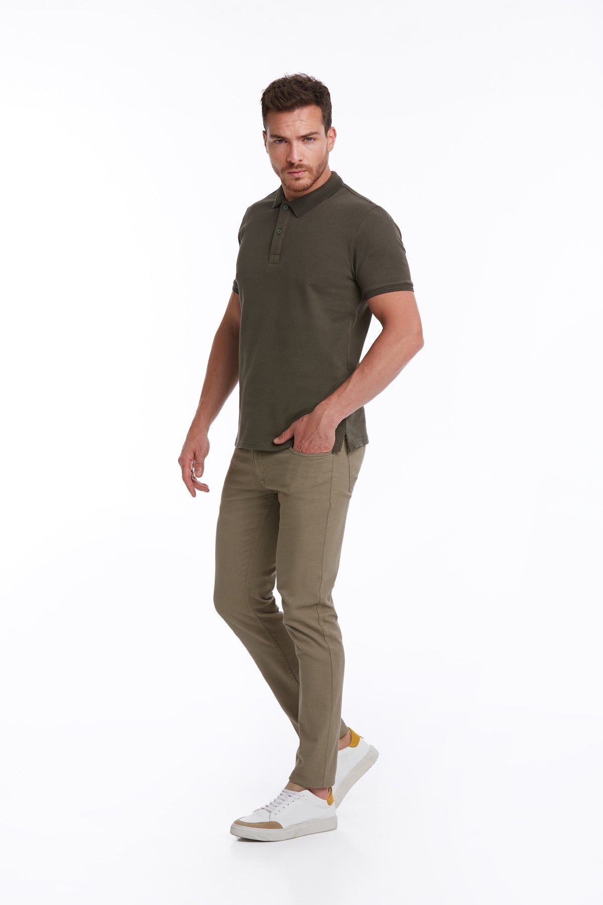 Regular Fit Honeycomb Cotton Blend Khaki Polo T-Shirt