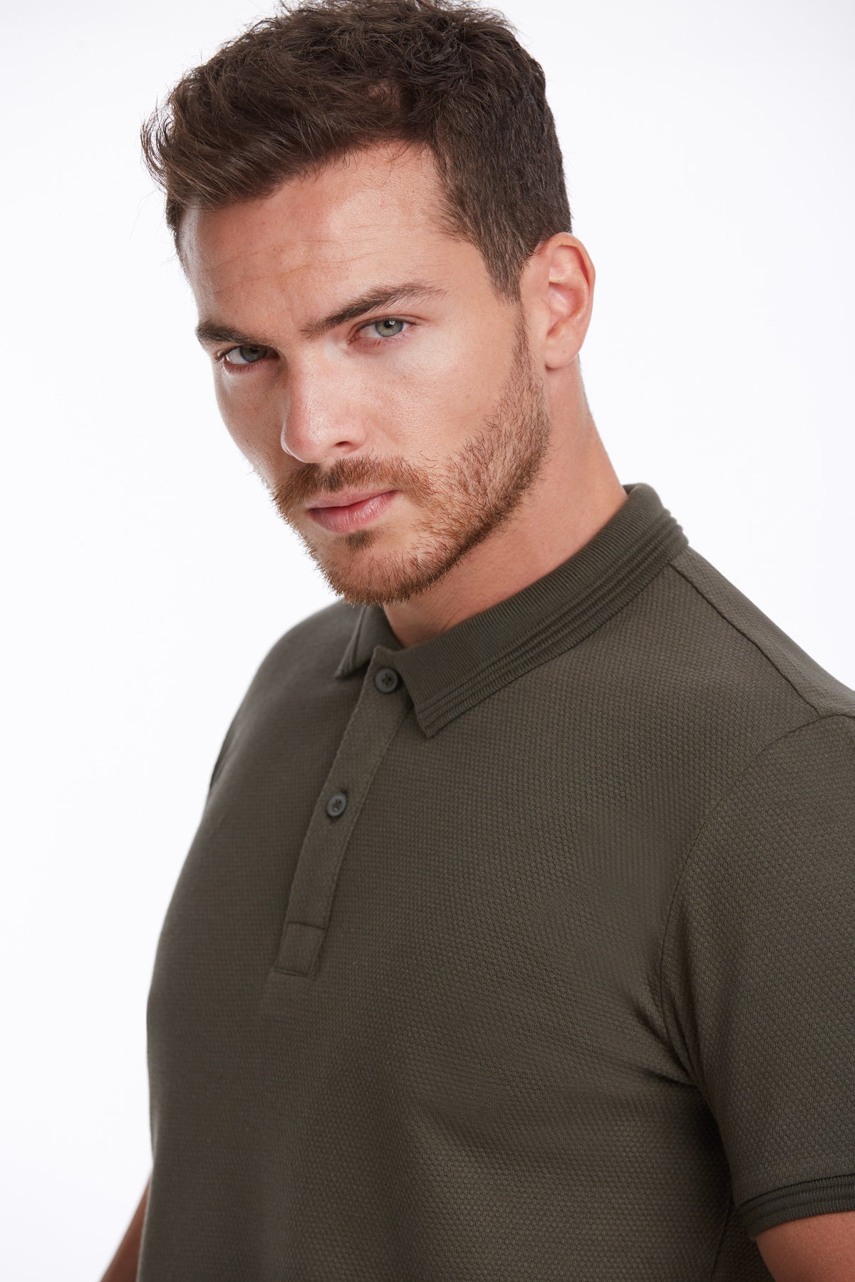 Regular Fit Honeycomb Cotton Blend Khaki Polo T-Shirt