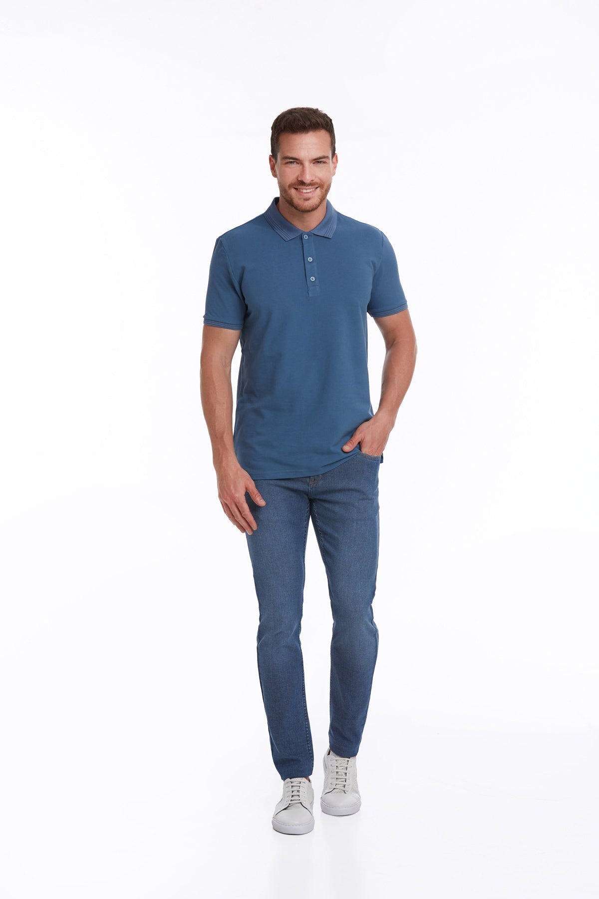 Regular Fit Indigo 100% Cotton Polo T-Shirt - SAYKI