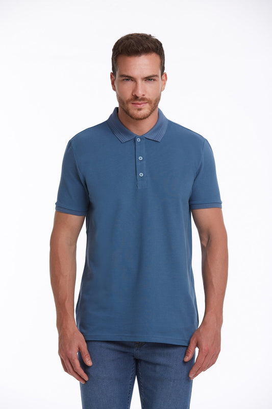 A man wearing a solid blue short-sleeved polo shirt with a classic collar and matching buttons.