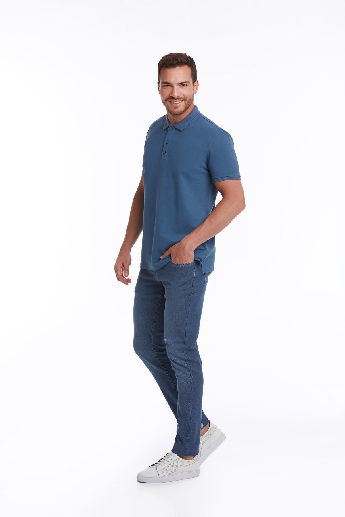 Regular Fit Indigo 100% Cotton Polo T-Shirt - SAYKI