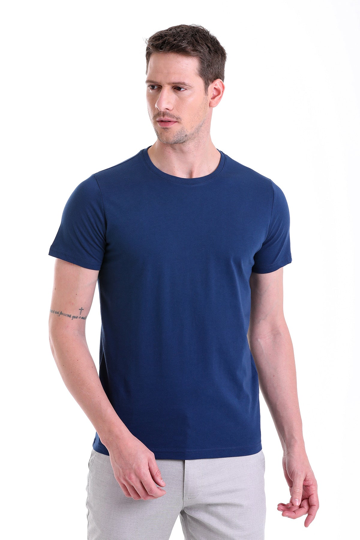 Regular Fit Indigo Basic Cotton Crew Neck T-Shirt - SAYKI