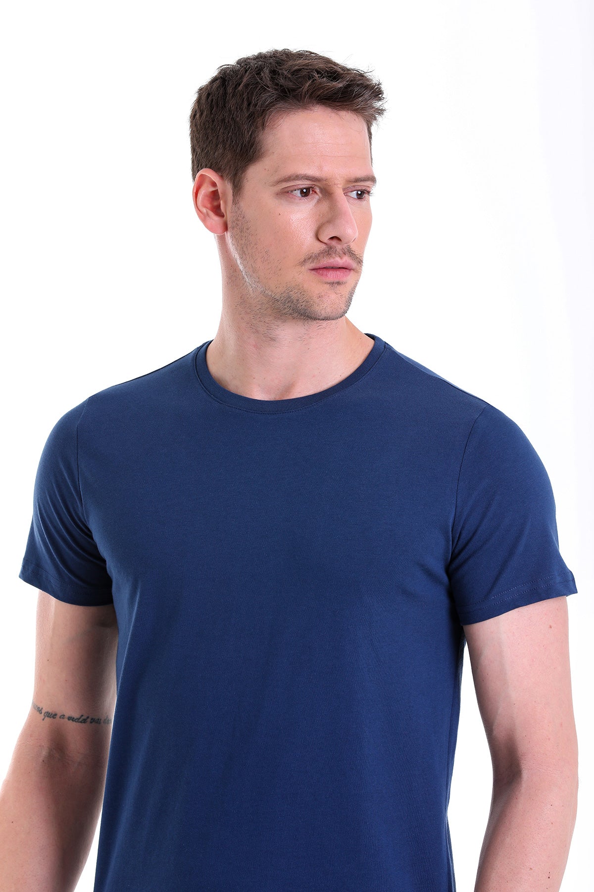 Regular Fit Indigo Basic Cotton Crew Neck T-Shirt - SAYKI