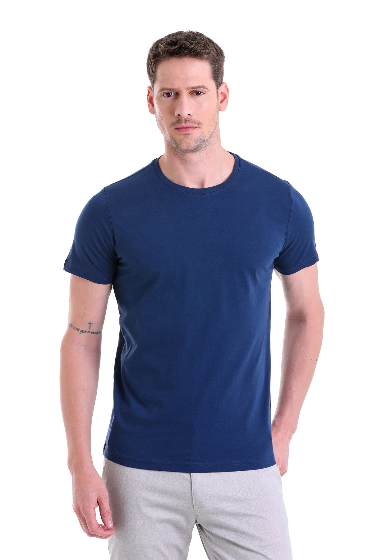 Regular Fit Indigo Basic Cotton Crew Neck T-Shirt - SAYKI