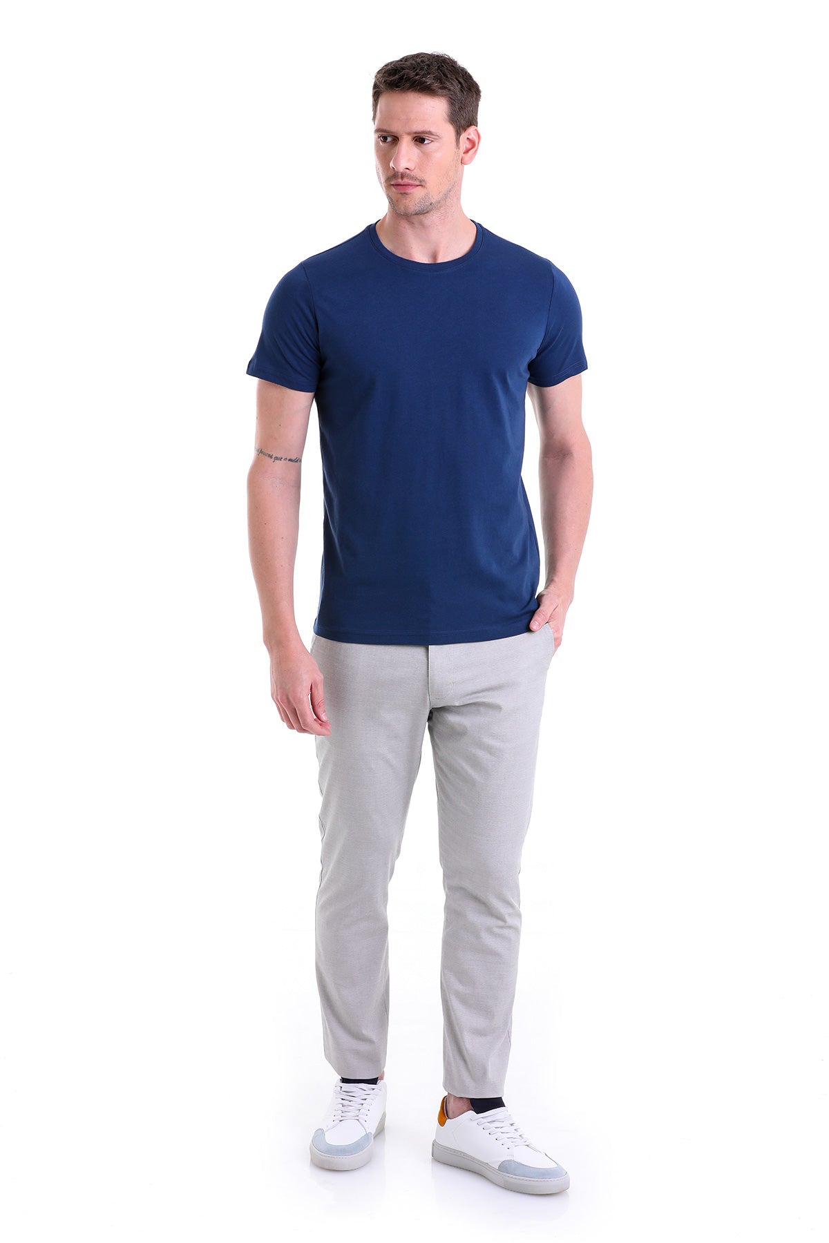 Regular Fit Indigo Basic Cotton Crew Neck T-Shirt - SAYKI