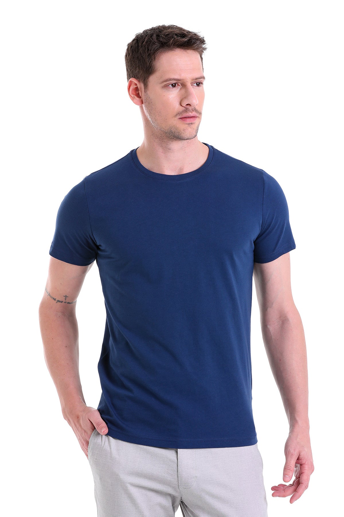 Regular Fit Indigo Basic Cotton Crew Neck T-Shirt - SAYKI