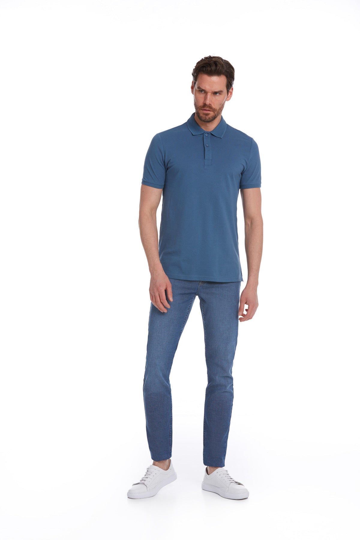 Regular Fit Indigo Basic Cotton Polo T-Shirt - SAYKI