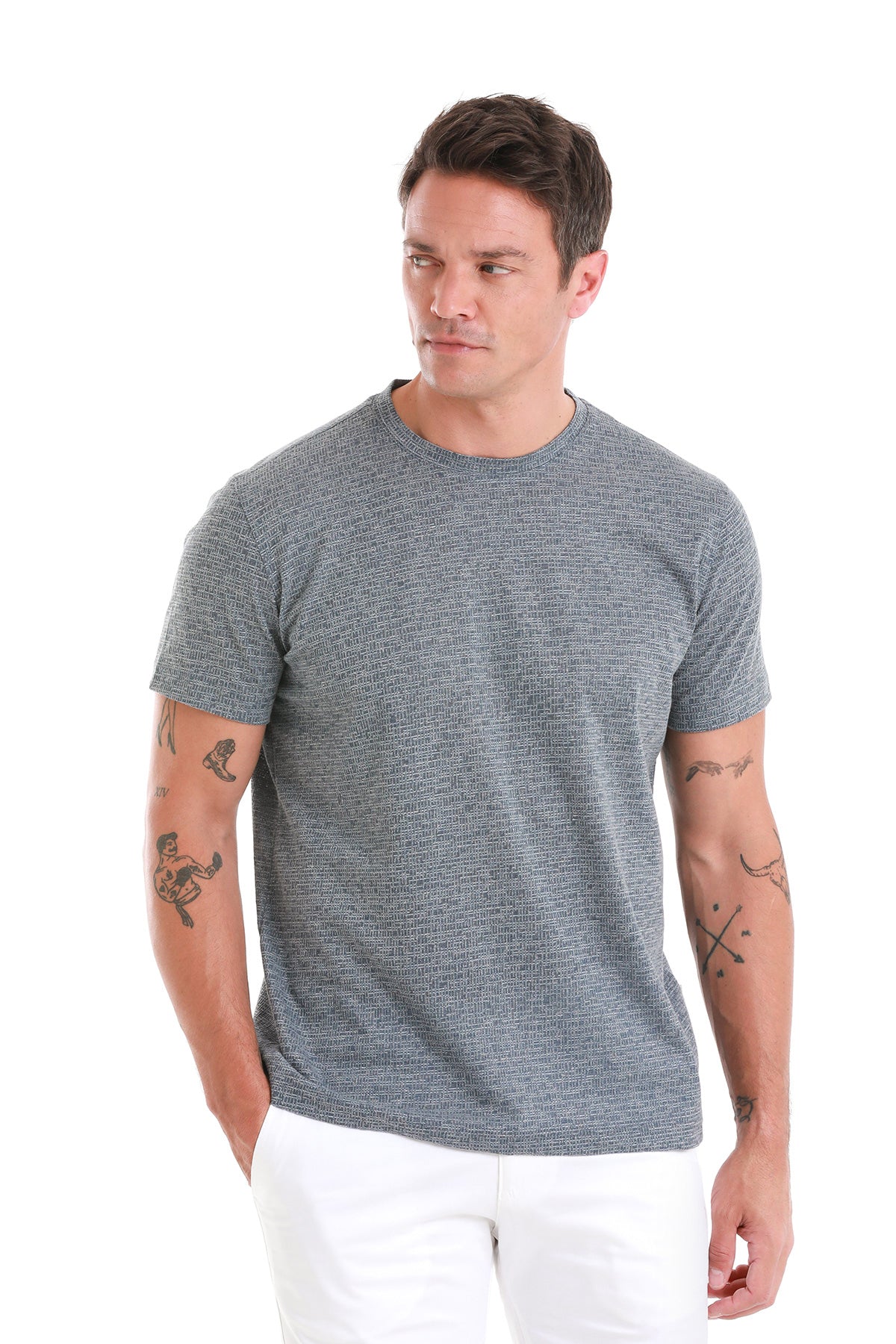 Regular Fit Indigo Jacquard Cotton-Linen Blend Crewneck