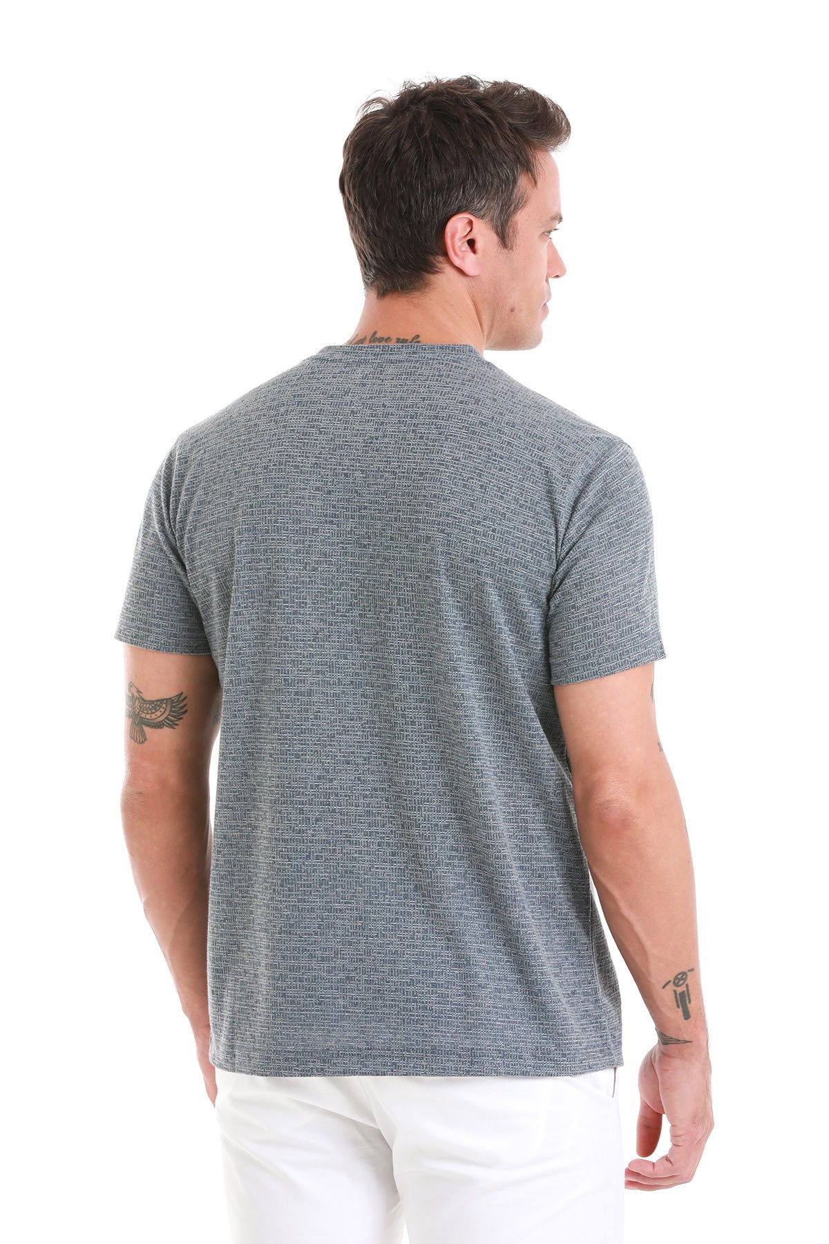 Regular Fit Indigo Jacquard Cotton-Linen Blend Crewneck