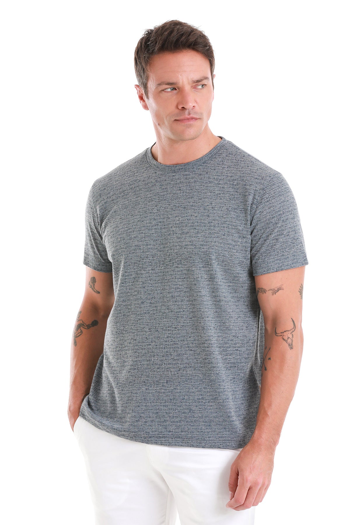 Regular Fit Indigo Jacquard Cotton-Linen Blend Crewneck