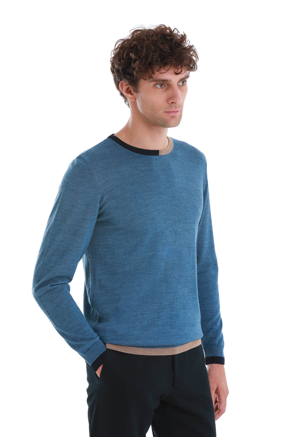 Regular Fit Indigo Wool Blend Crewneck Sweater - SAYKI