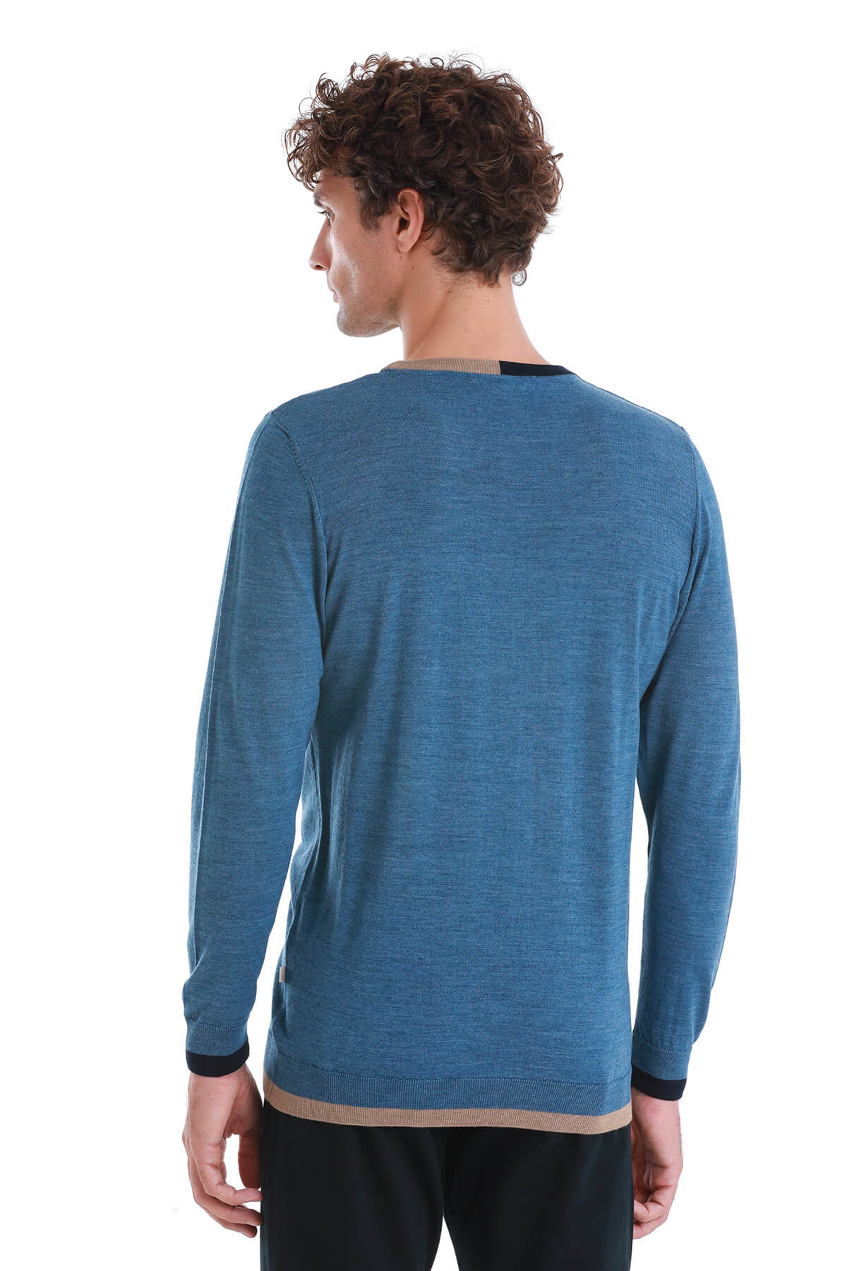 Regular Fit Indigo Wool Blend Crewneck Sweater - SAYKI