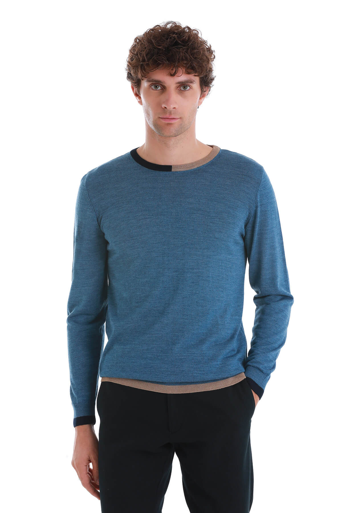 Regular Fit Indigo Wool Blend Crewneck Sweater - SAYKI