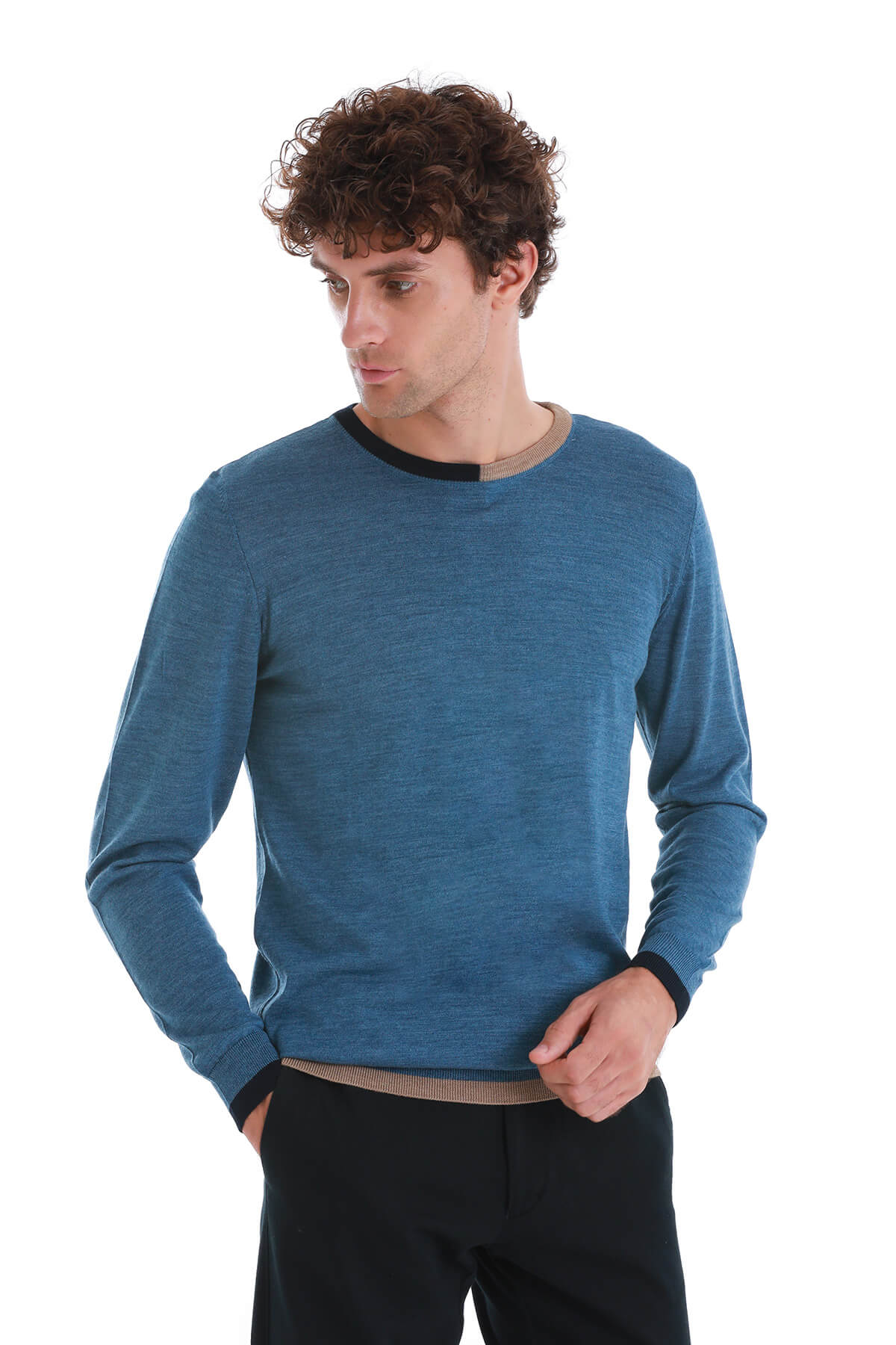 Regular Fit Indigo Wool Blend Crewneck Sweater - SAYKI