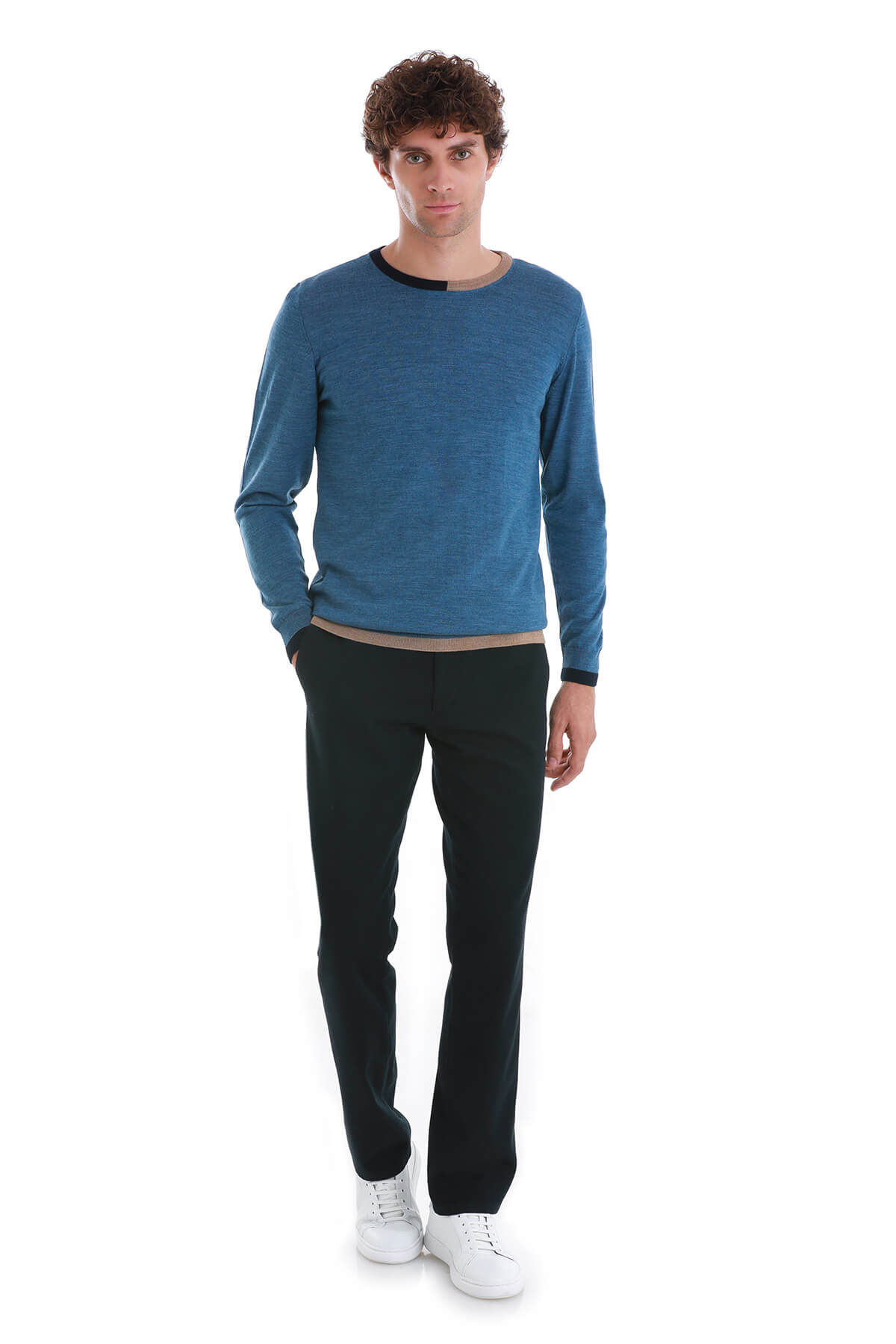 Regular Fit Indigo Wool Blend Crewneck Sweater - SAYKI