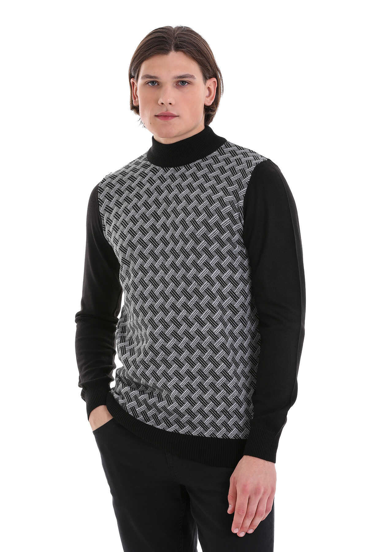 Regular Fit Jacquard Black Mockneck Sweater - SAYKI