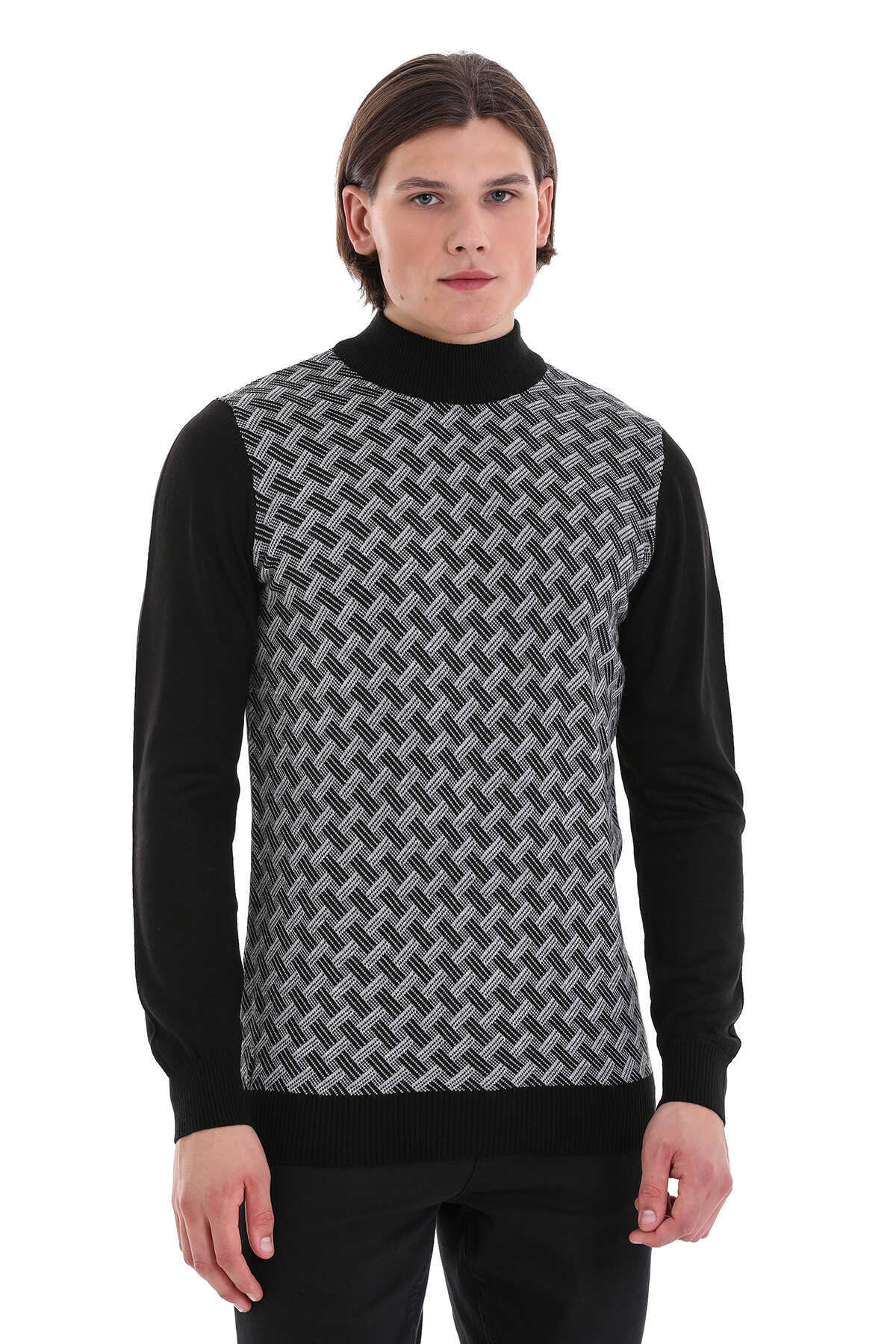 Regular Fit Jacquard Black Mockneck Sweater - SAYKI