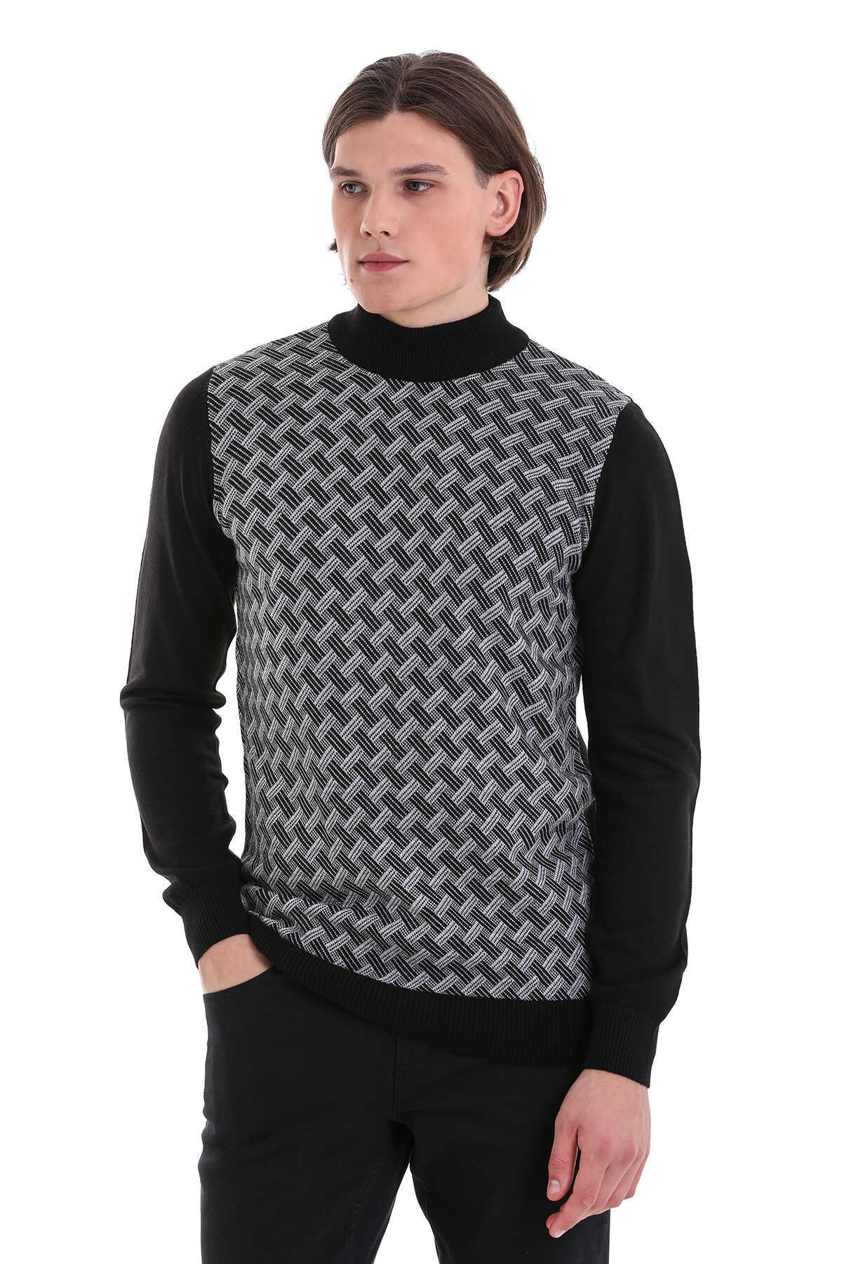 Regular Fit Jacquard Black Mockneck Sweater - SAYKI