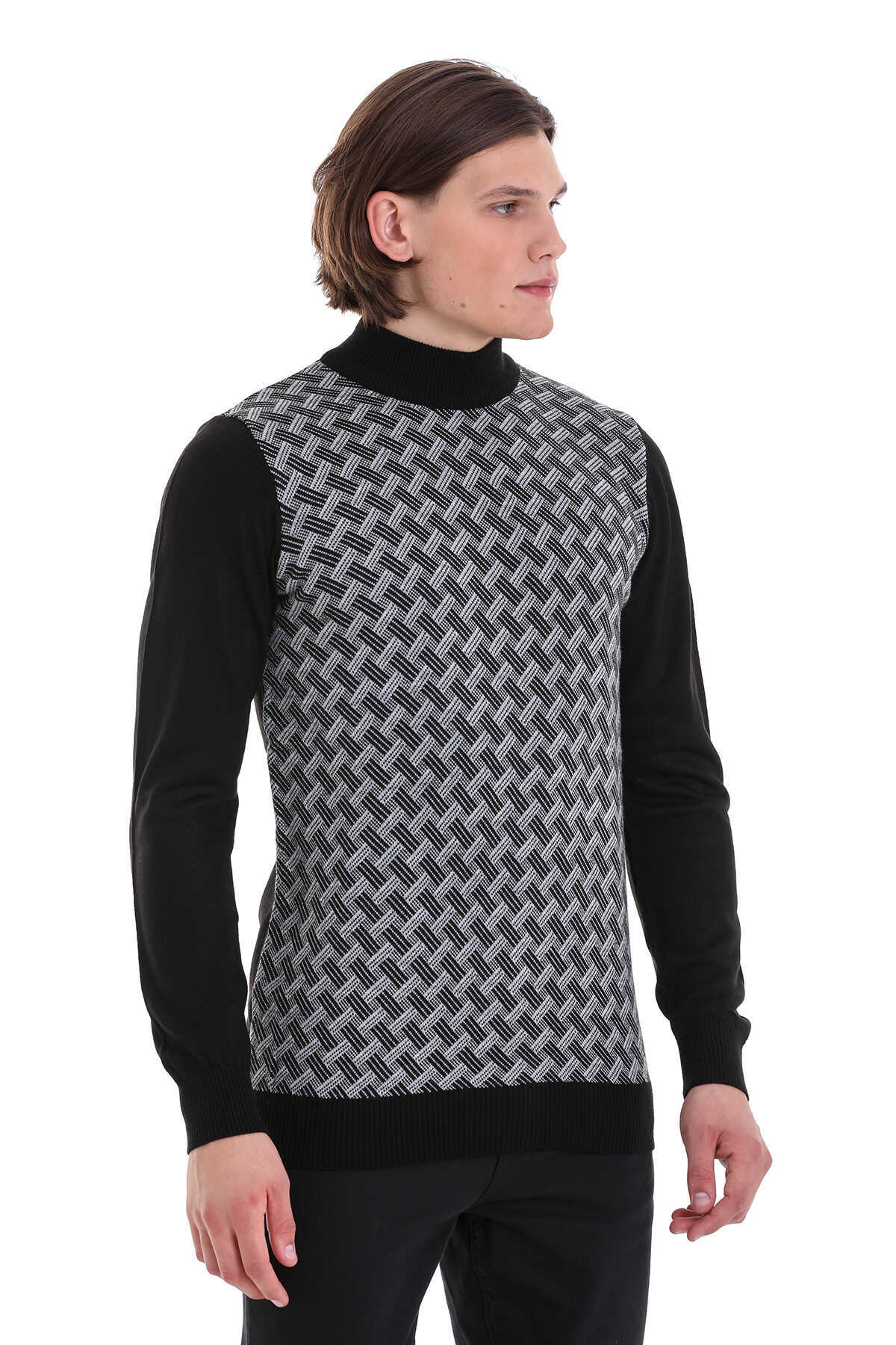 Regular Fit Jacquard Black Mockneck Sweater - SAYKI