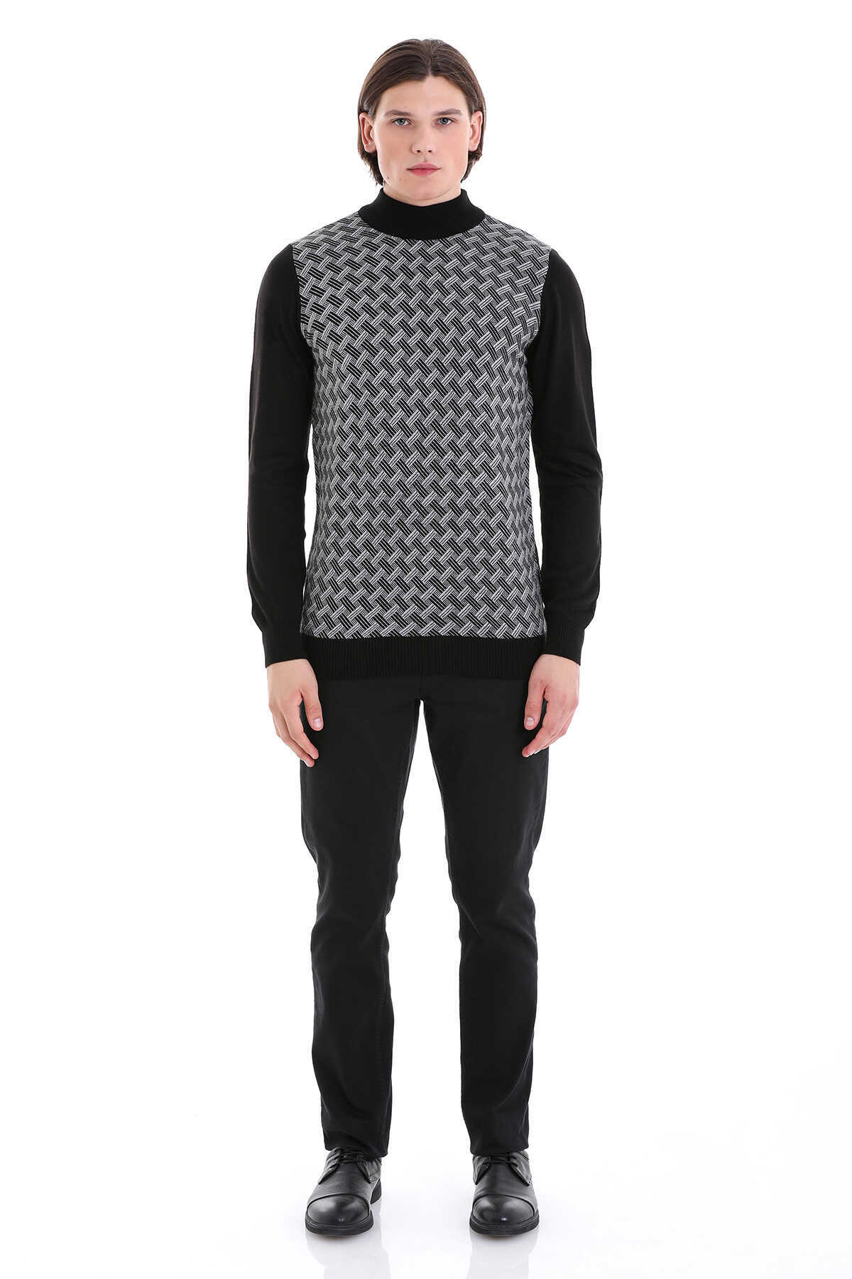 Regular Fit Jacquard Black Mockneck Sweater - SAYKI