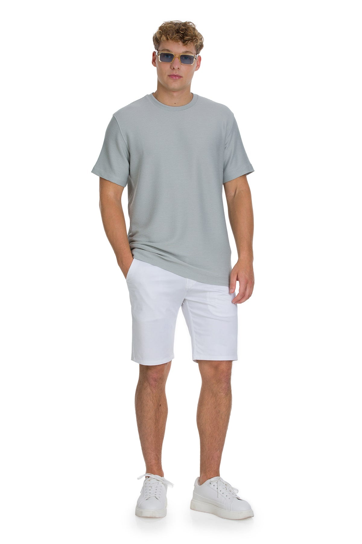 Regular Fit Jacquard Gray Crewneck T-Shirt - SAYKI