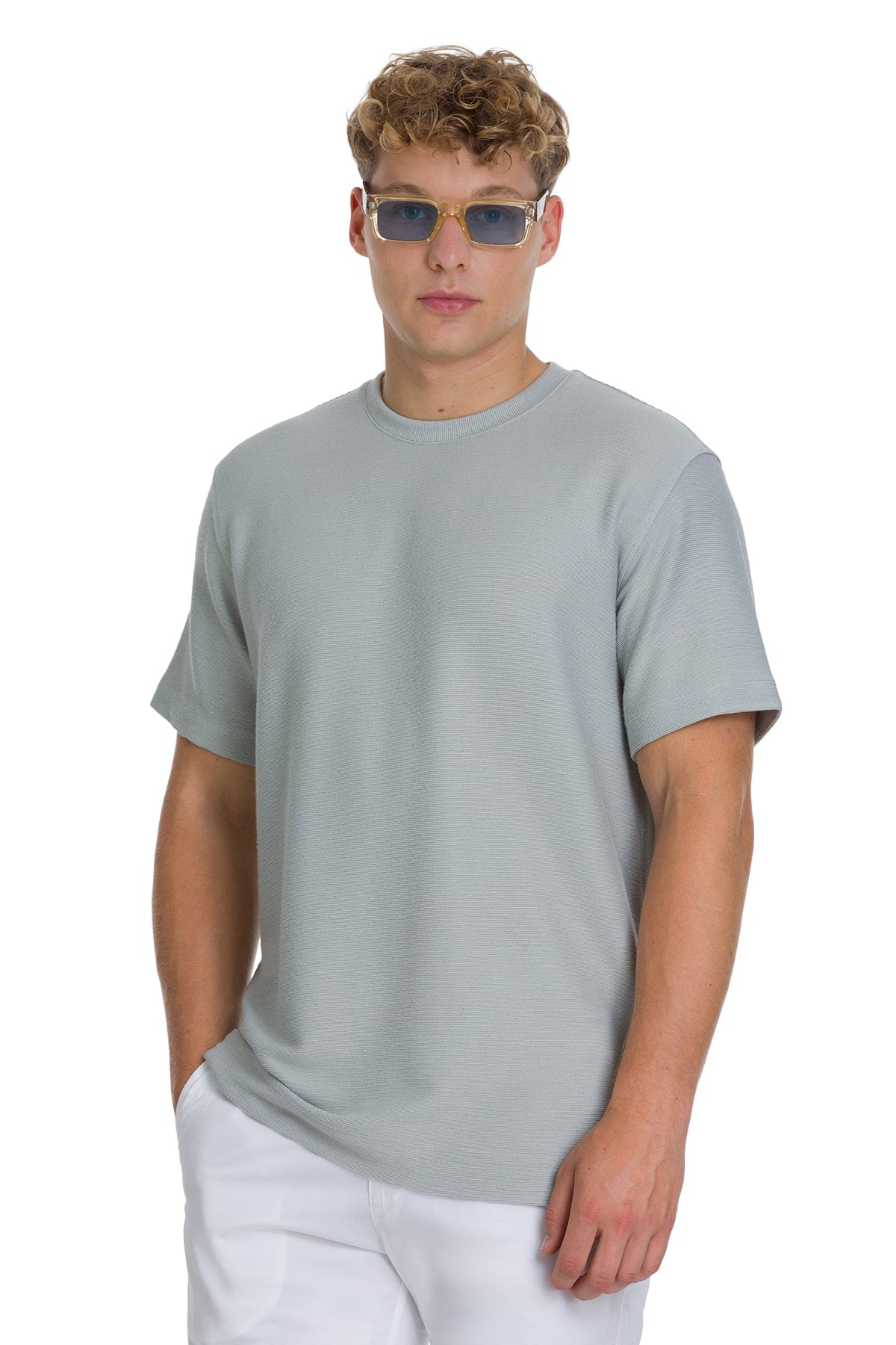 Light gray, short-sleeved crew neck t-shirt with a subtle textured fabric.