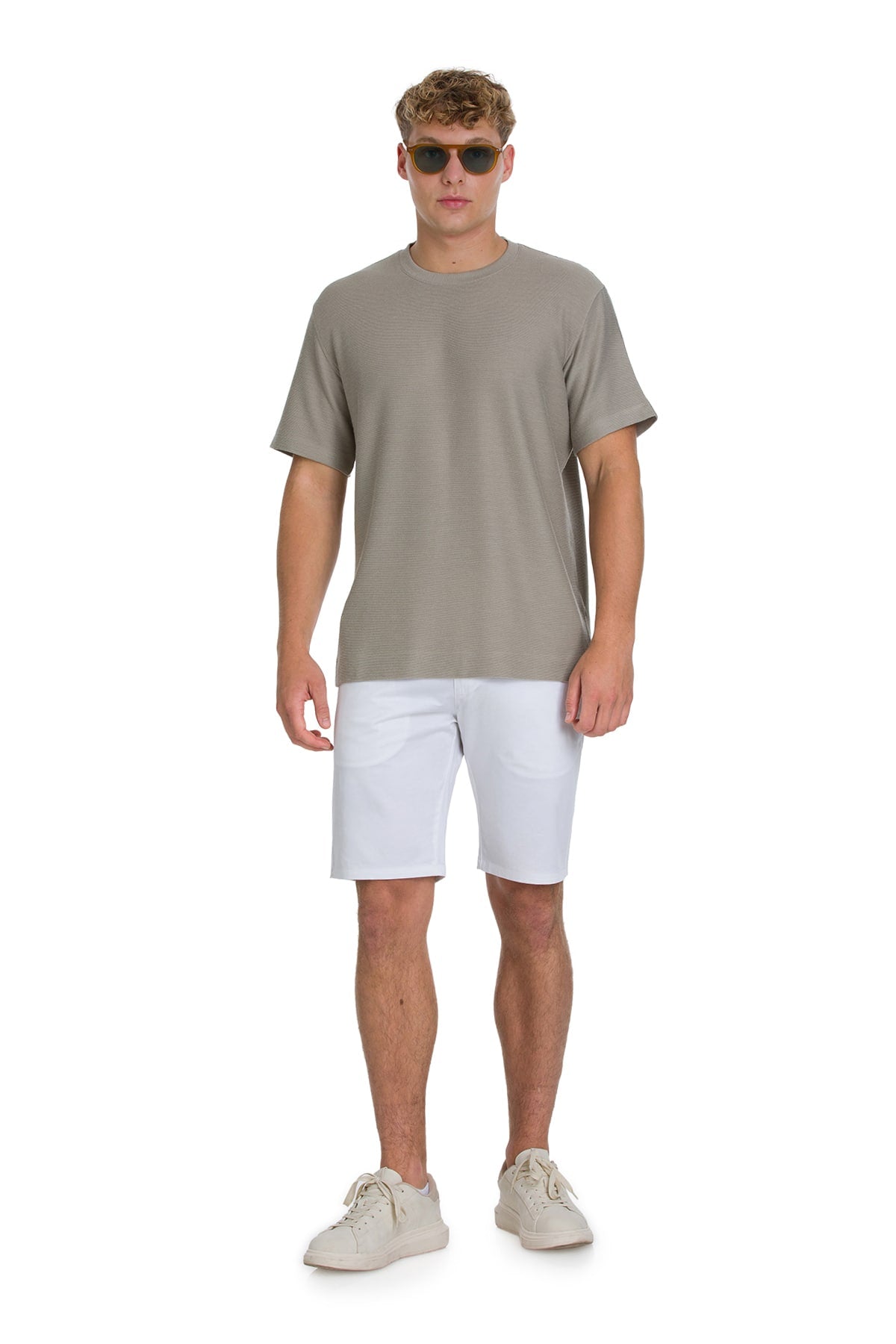 Regular Fit Jacquard Khaki Crewneck T-Shirt - SAYKI