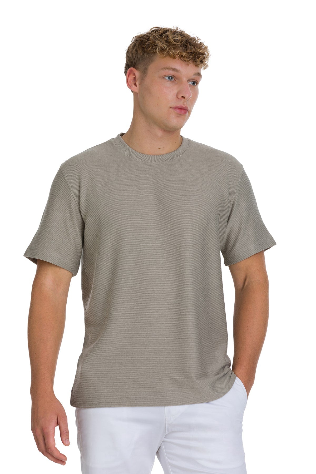 A soft, muted olive green crew-neck t-shirt with a subtle textured weave.
