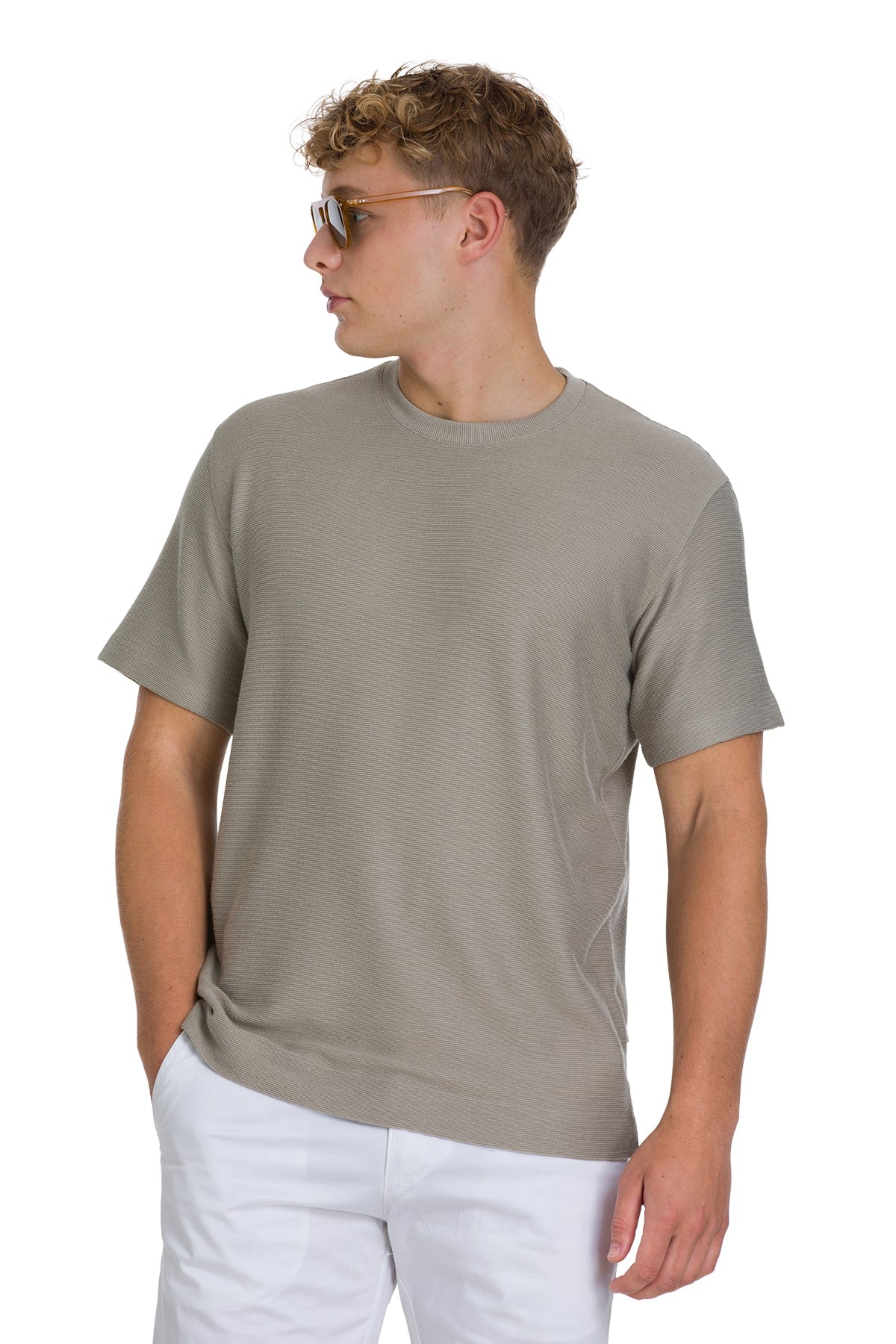 Regular Fit Jacquard Khaki Crewneck T-Shirt - SAYKI