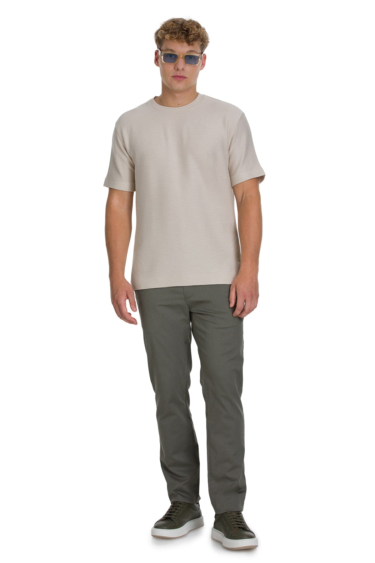 Regular Fit Jacquard Linen-Tone Crewneck T-Shirt - SAYKI