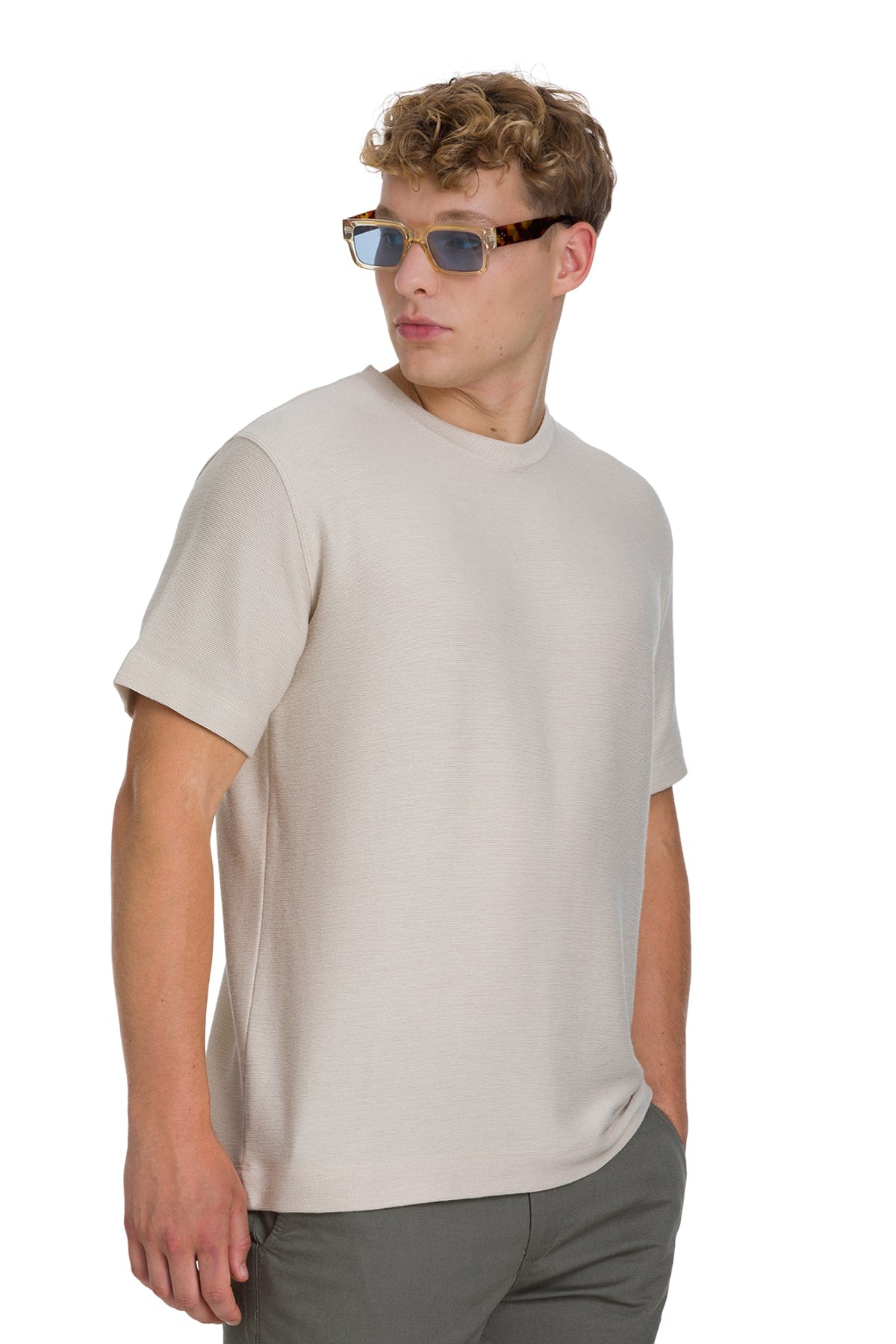 Regular Fit Jacquard Linen-Tone Crewneck T-Shirt - SAYKI