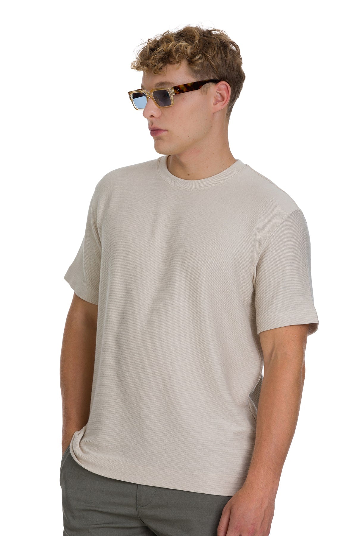 Regular Fit Jacquard Linen-Tone Crewneck T-Shirt - SAYKI