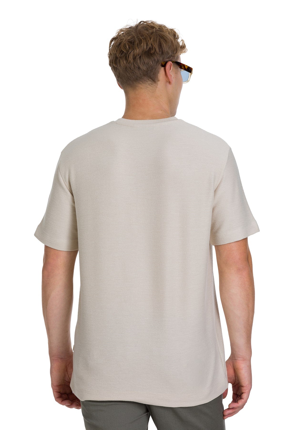 Regular Fit Jacquard Linen-Tone Crewneck T-Shirt - SAYKI