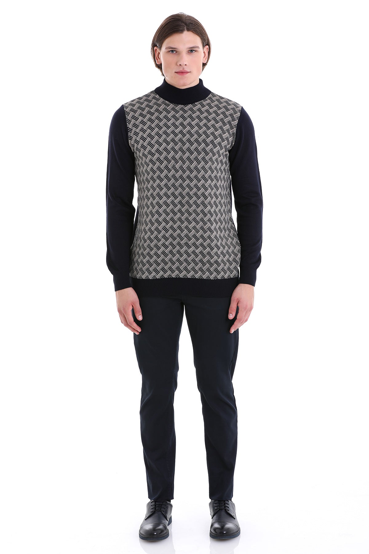 Regular Fit Jacquard Navy Mockneck Sweater - SAYKI