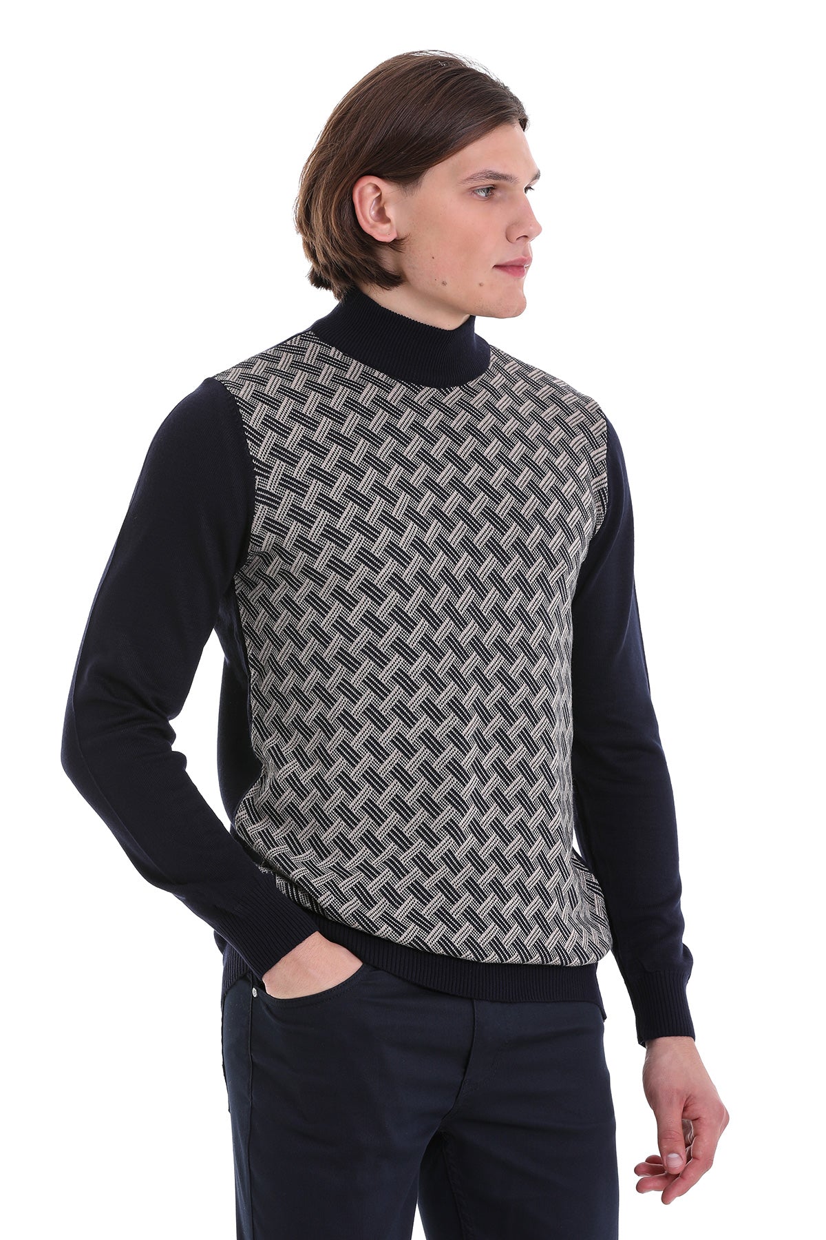Regular Fit Jacquard Navy Mockneck Sweater - SAYKI