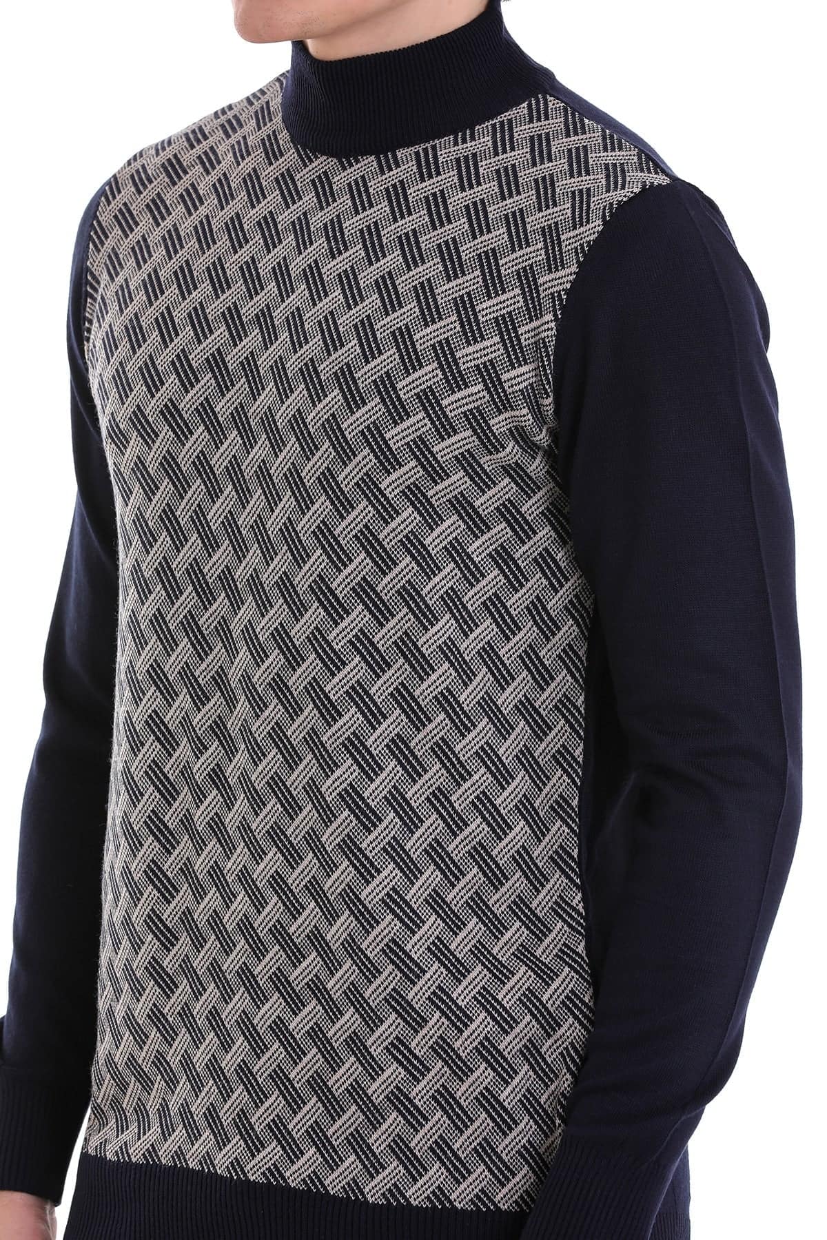 Regular Fit Jacquard Navy Mockneck Sweater - SAYKI