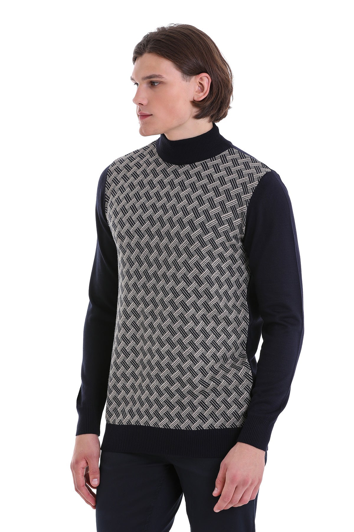 Regular Fit Jacquard Navy Mockneck Sweater - SAYKI