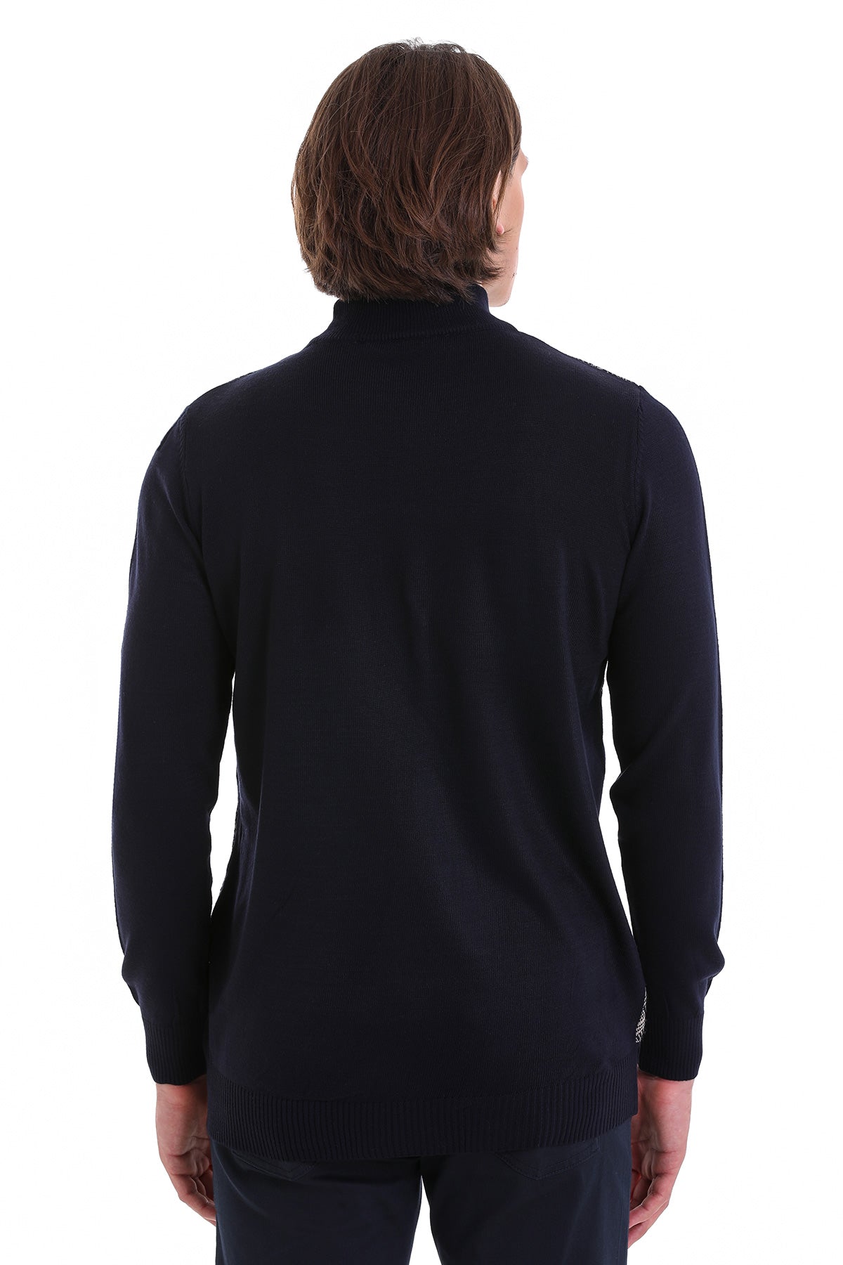 Regular Fit Jacquard Navy Mockneck Sweater - SAYKI