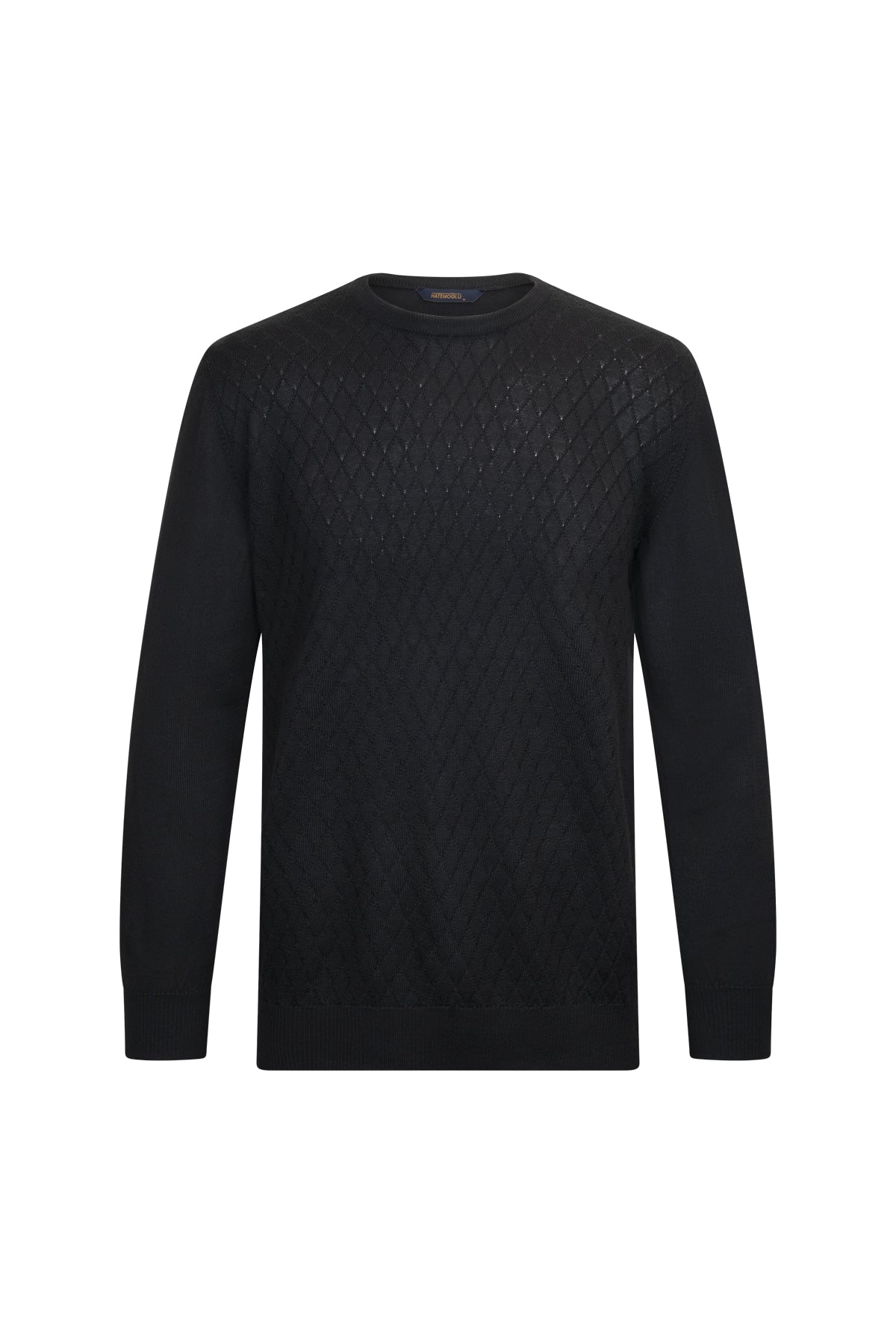 Regular Fit Jacquard Wool Blend Black Crewneck Sweater