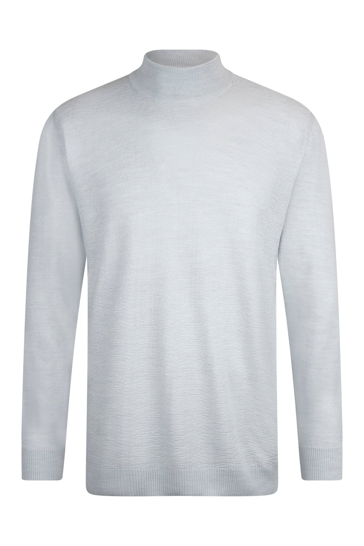 A sleek, light gray turtleneck sweater with a fine ribbed texture and neatly finished cuffs.