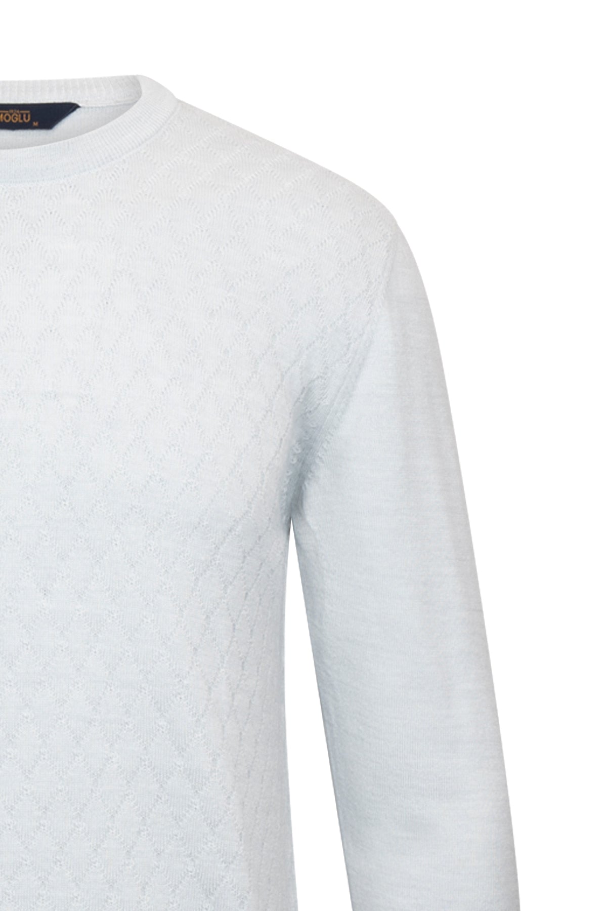 Regular Fit Jacquard Wool Blend Light Gray Crewneck Sweater